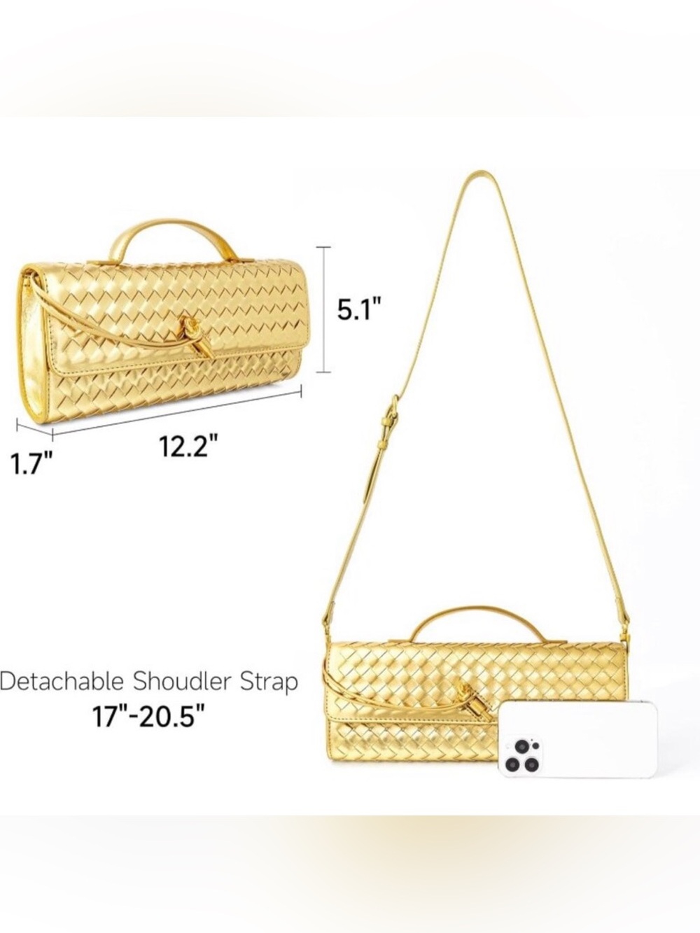 Gold Rhinestone Clutch Handbag purse elegant elongated evening bag crossbody - Picture 9 of 13
